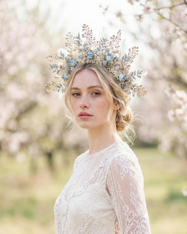 Woman in outhoor ceremony wearing a floral headpiece in a garden setting