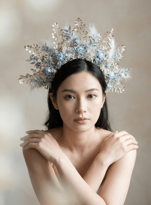 Woman wearing a decorative floral headpiece  in dusty blue and white tones against a neutral background