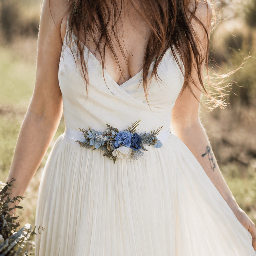 Blue Flower Bridal Belt: Romantic Rustic Wedding Dress Accessory – handmade floral hair accessory by magaela