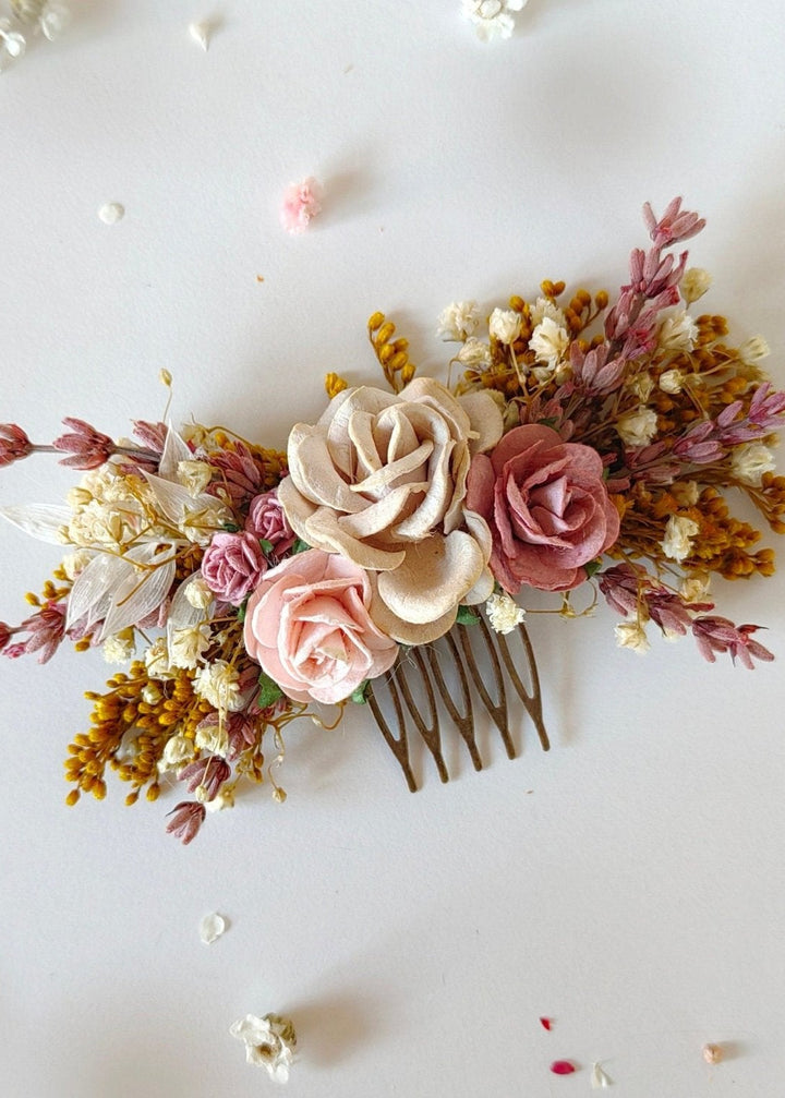 Dusty Pink Rose Hair Comb: Romantic Bridal Flower Comb – handmade floral hair accessory by magaela