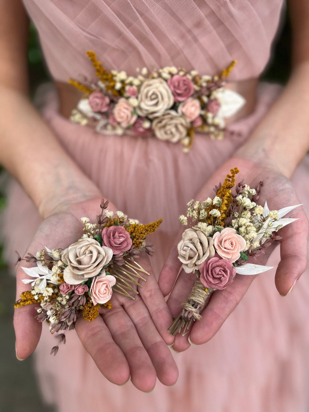 Dusty Pink Rose Hair Comb: Romantic Bridal Flower Comb – handmade floral hair accessory by magaela