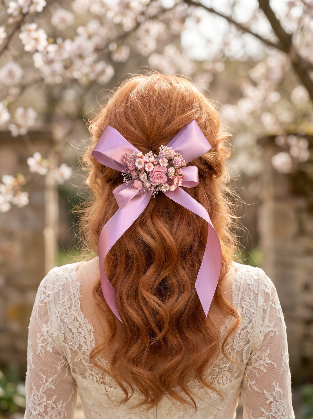 A woman viewed from behind with long wavy red hair, wearing a large dusty pink ribbon hair bow with a floral center and jeweled embellishments, against a soft-focus outdoor background of pale blossoms.