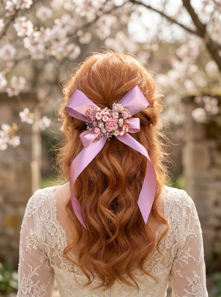 A woman viewed from behind with long wavy red hair, wearing a large dusty pink ribbon hair bow with a floral center and jeweled embellishments, against a soft-focus outdoor background of pale blossoms.