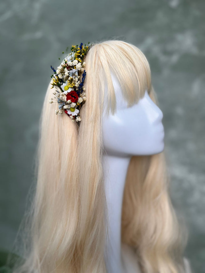 Florales Volksstirnband mit Wildblumen, Lavendel, Schleierkraut und gelben Blüten