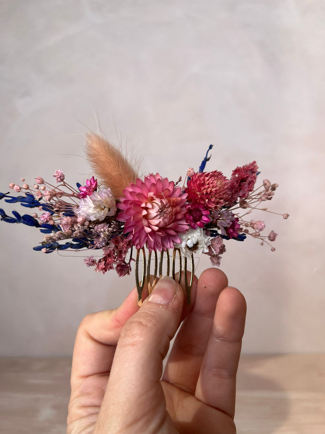 Pink and Purple Dried Flower Hair Comb | Helichrysum, Lagurus and Statice
