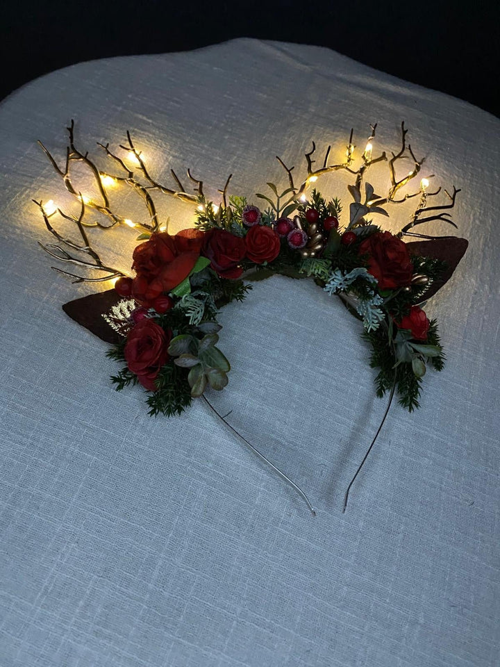 Christmas Reindeer Antler Headband: Woodland blueberries with lights – handmade floral hair accessory by magaela