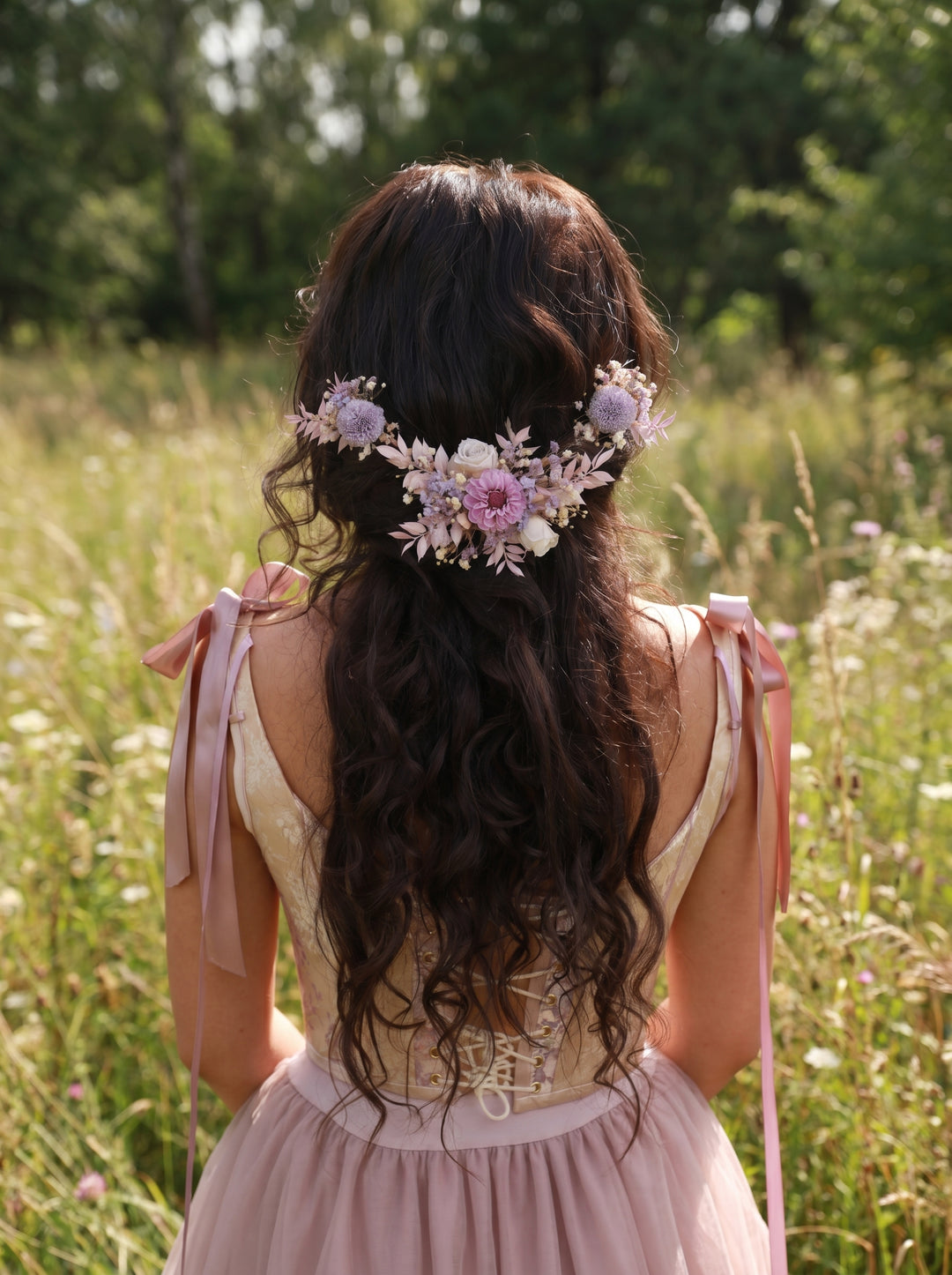 Woman with floral hair accessory in purple tones standing in a field of flowers