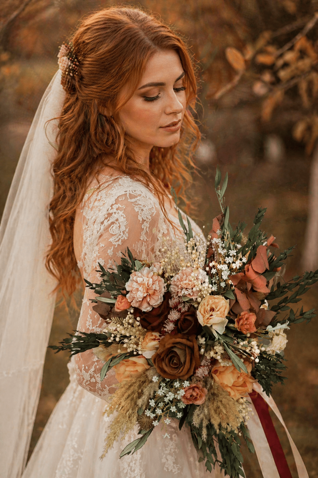 Rustic Boho Wedding Bouquet: Autumn Burgundy, Olive Leaves – handmade floral hair accessory by magaela