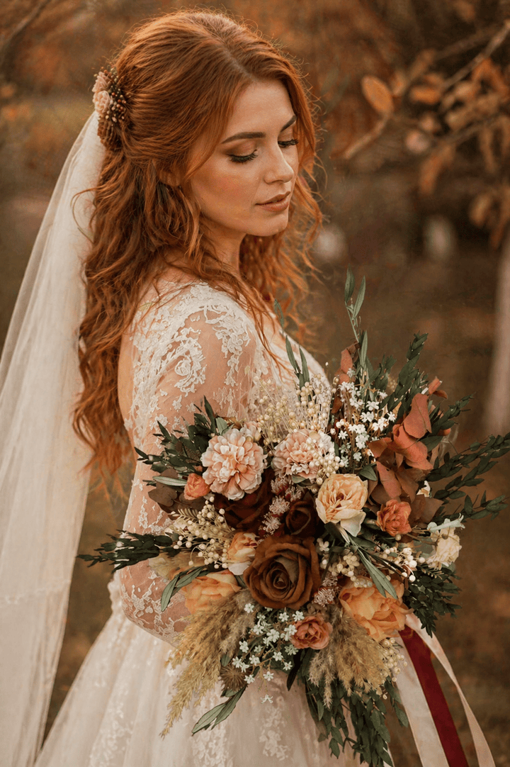 Rustic Boho Wedding Bouquet: Autumn Burgundy, Olive Leaves – handmade floral hair accessory by magaela