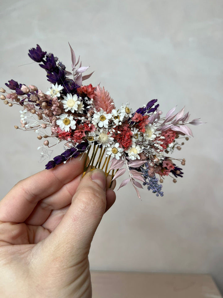 Dried Flower Bridal Hair Comb with Preserved Botanicals in Purple, Pink and White