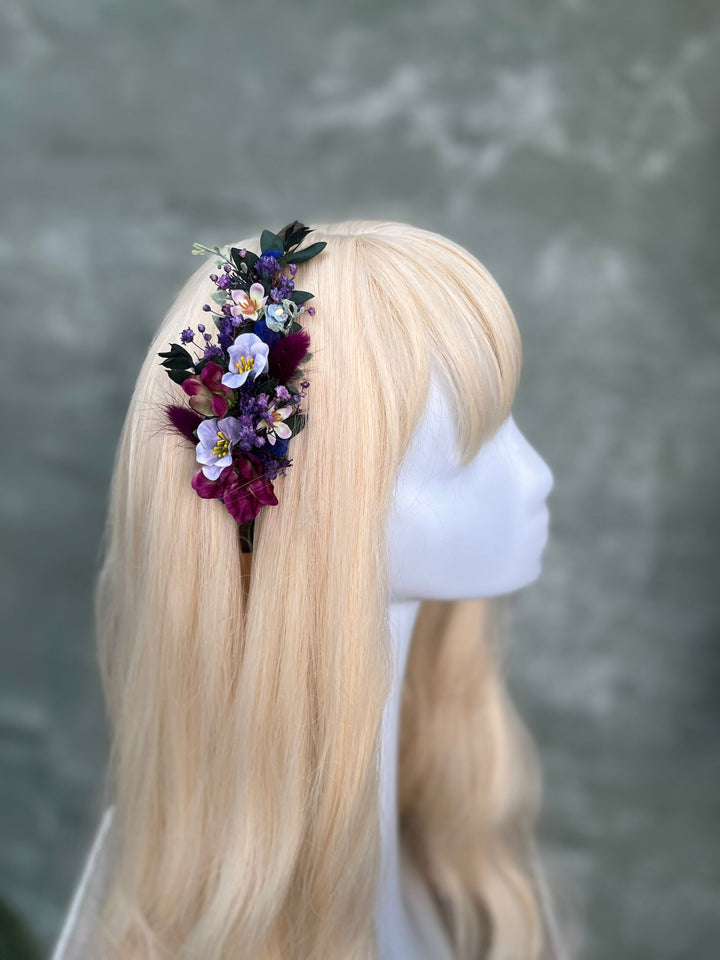 Floral Side Headband with Wildflowers in Deep Purple and Burgundy