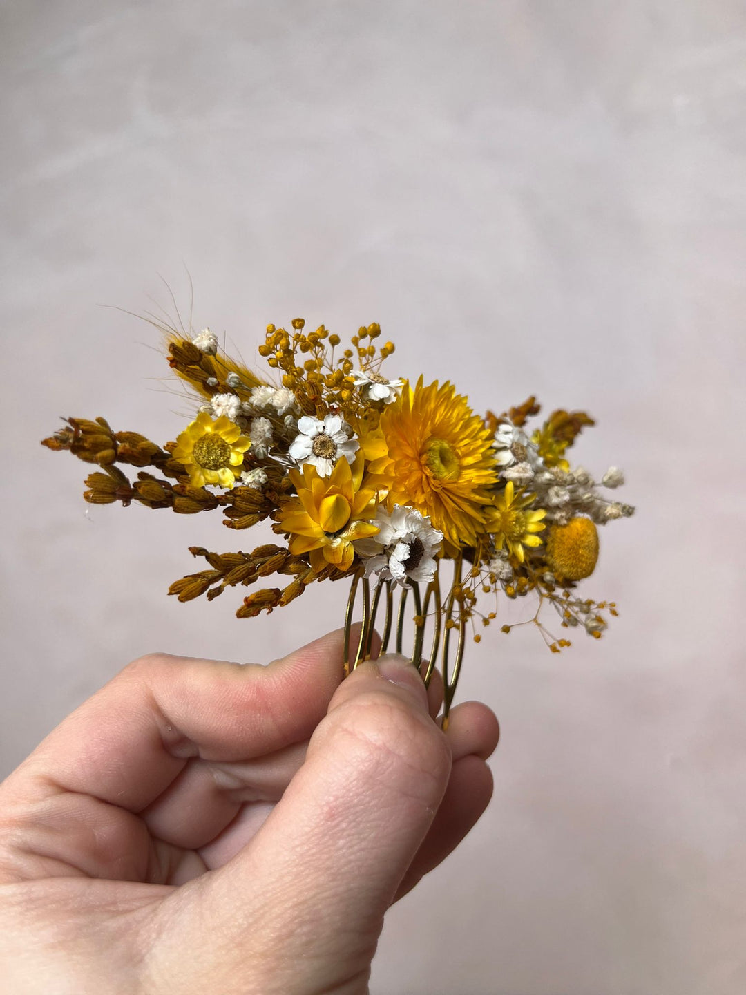 Dried Flower Bridal Hair Comb with Yellow Dried Flowers,Bunny Tails, Billy Buttons and Gypsophila in Yellow and White