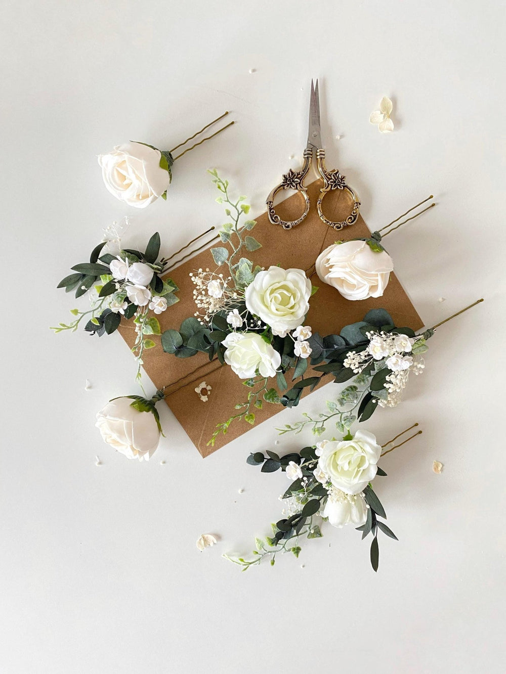 White Rose Hair Pins: Boho Bridal Hair Accessories – handmade floral hair accessory by magaela