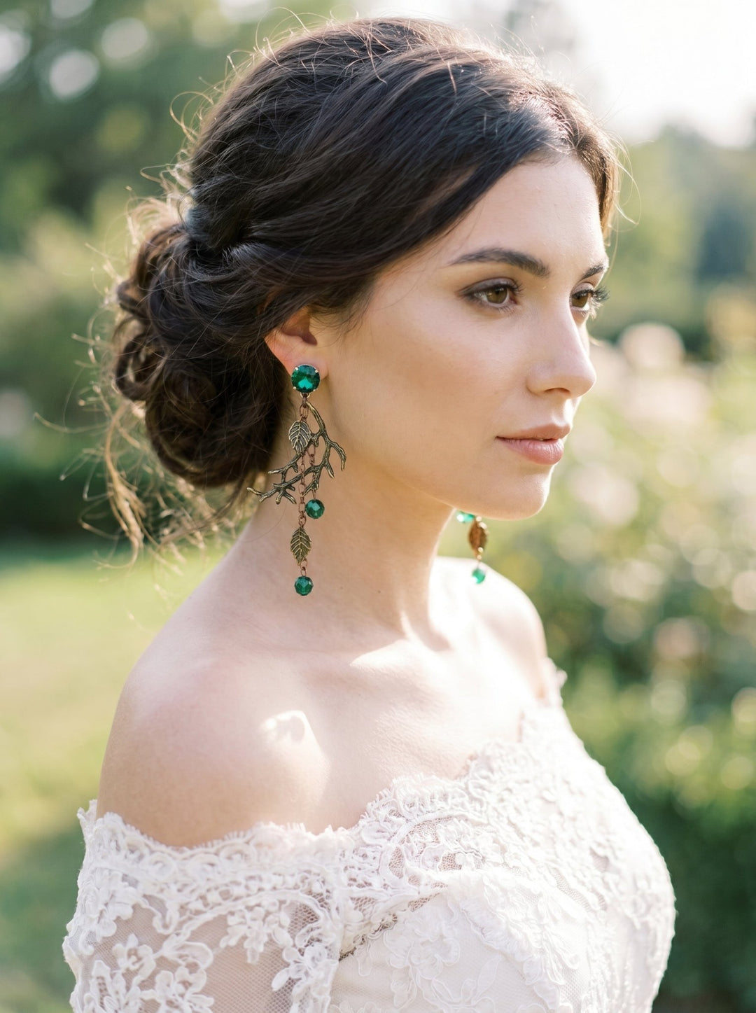Emerald Green & Gold Wedding Earrings: Woodland Glam Bridal Jewelry – handmade floral hair accessory by magaela
