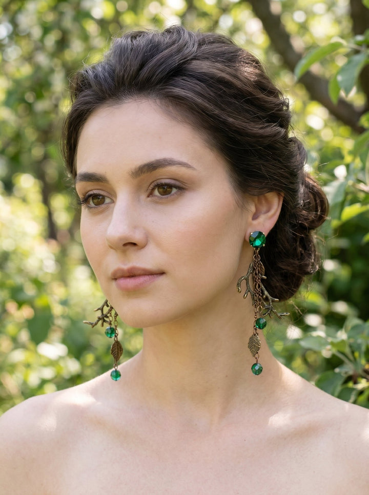 Emerald Green & Gold Wedding Earrings: Woodland Glam Bridal Jewelry – handmade floral hair accessory by magaela
