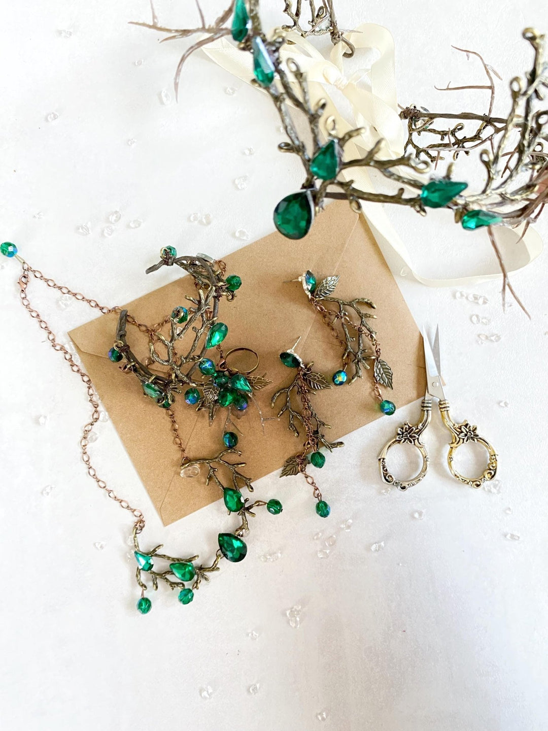 Emerald Green & Gold Wedding Earrings: Woodland Glam Bridal Jewelry – handmade floral hair accessory by magaela