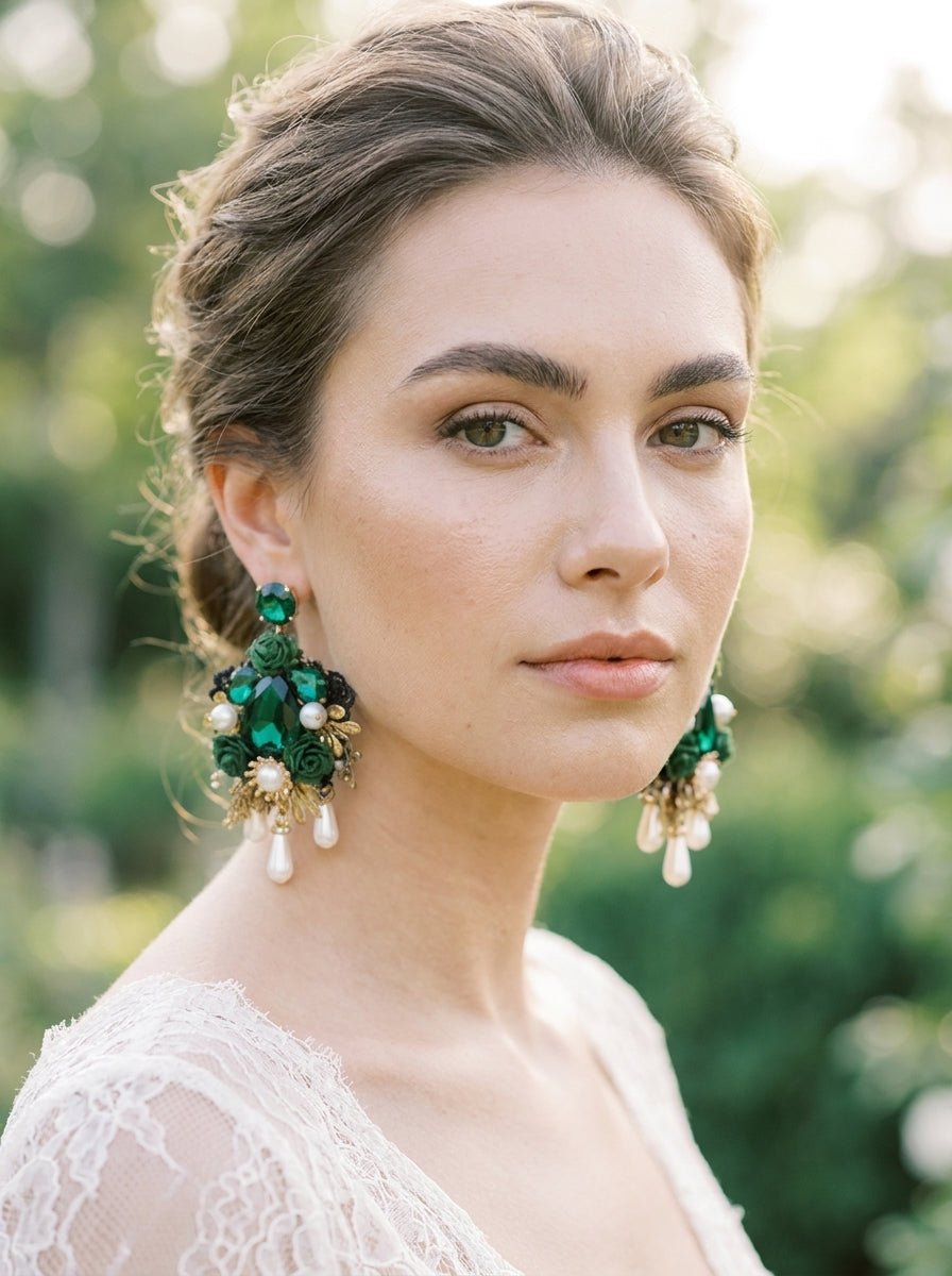 Emerald Green & Gold Glamour Earrings: Wedding Bridal Jewelry – handmade floral hair accessory by magaela