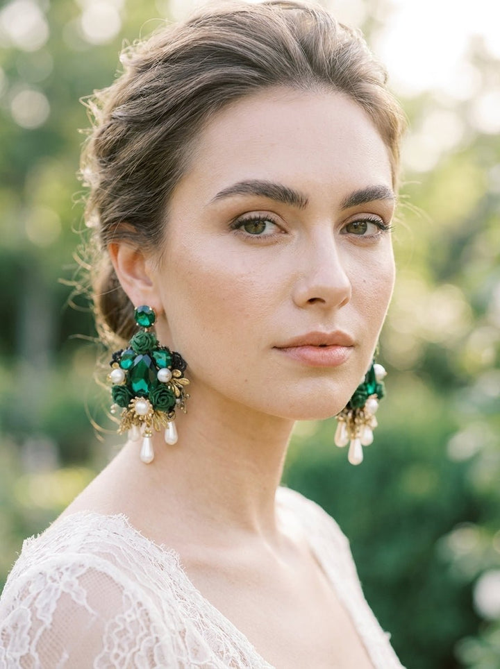 Emerald Green & Gold Glamour Earrings: Wedding Bridal Jewelry – handmade floral hair accessory by magaela