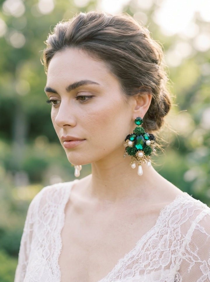 Emerald Green & Gold Glamour Earrings: Wedding Bridal Jewelry – handmade floral hair accessory by magaela