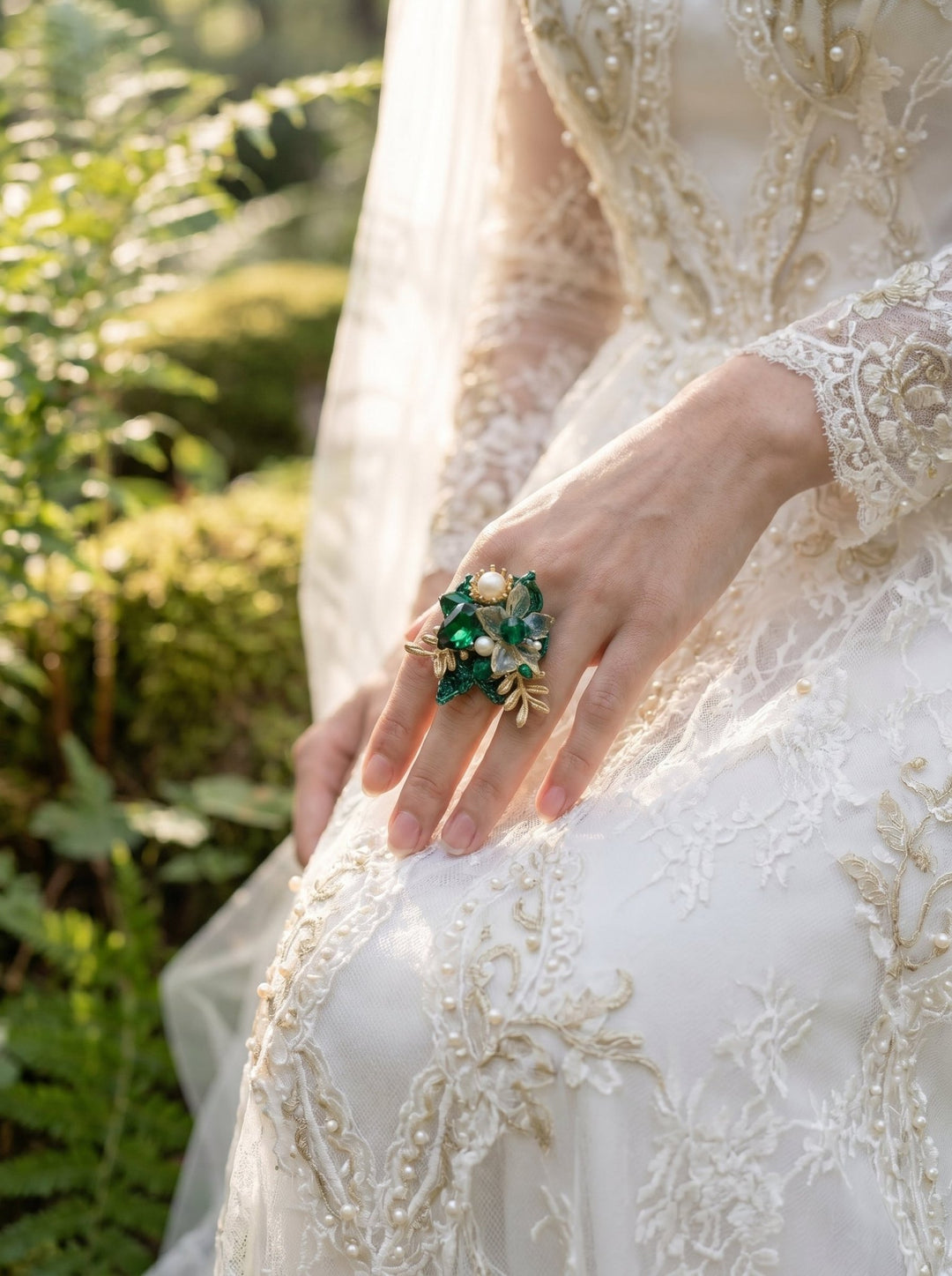 Glam Emerald Green Flower Ring: Bridal Gold Floral Jewelry – handmade floral hair accessory by magaela