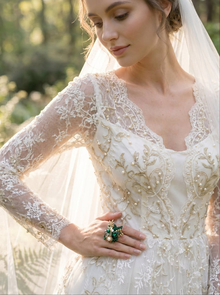 Glam Emerald Green Flower Ring: Bridal Gold Floral Jewelry – handmade floral hair accessory by magaela