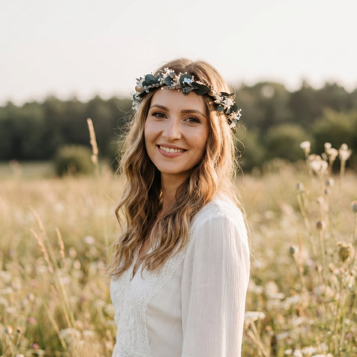 Eucalyptus Flower Hair Wreath: Green Blue Cream Bridal Crown – handmade floral hair accessory by magaela