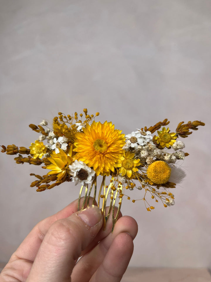 Dried Flower Bridal Hair Comb with Yellow Dried Flowers,Bunny Tails, Billy Buttons and Gypsophila in Yellow and White