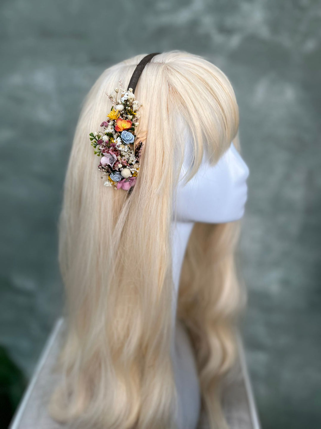 Colorful Wildflower Headband with Blue Rose, Cherry Flowers and Dried Botanicals