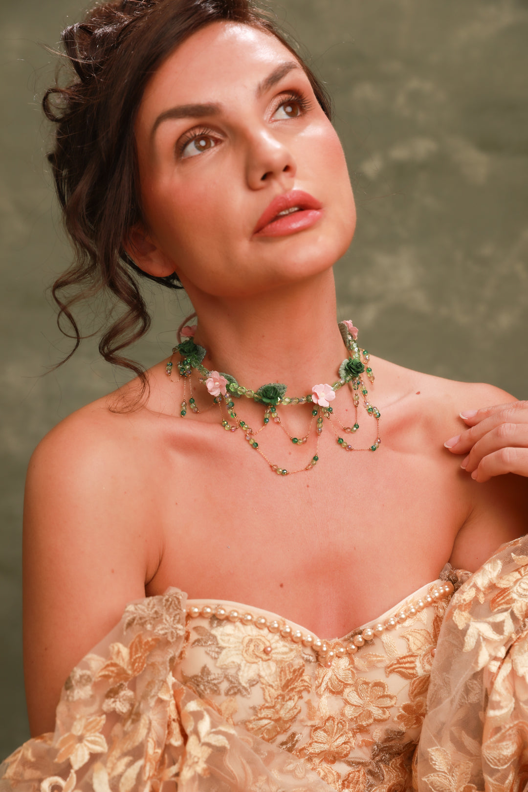 Vintage Floral Necklace in Green & Pink – Bridgerton Inspired Bridal Jewelry – handmade floral hair accessory by magaela
