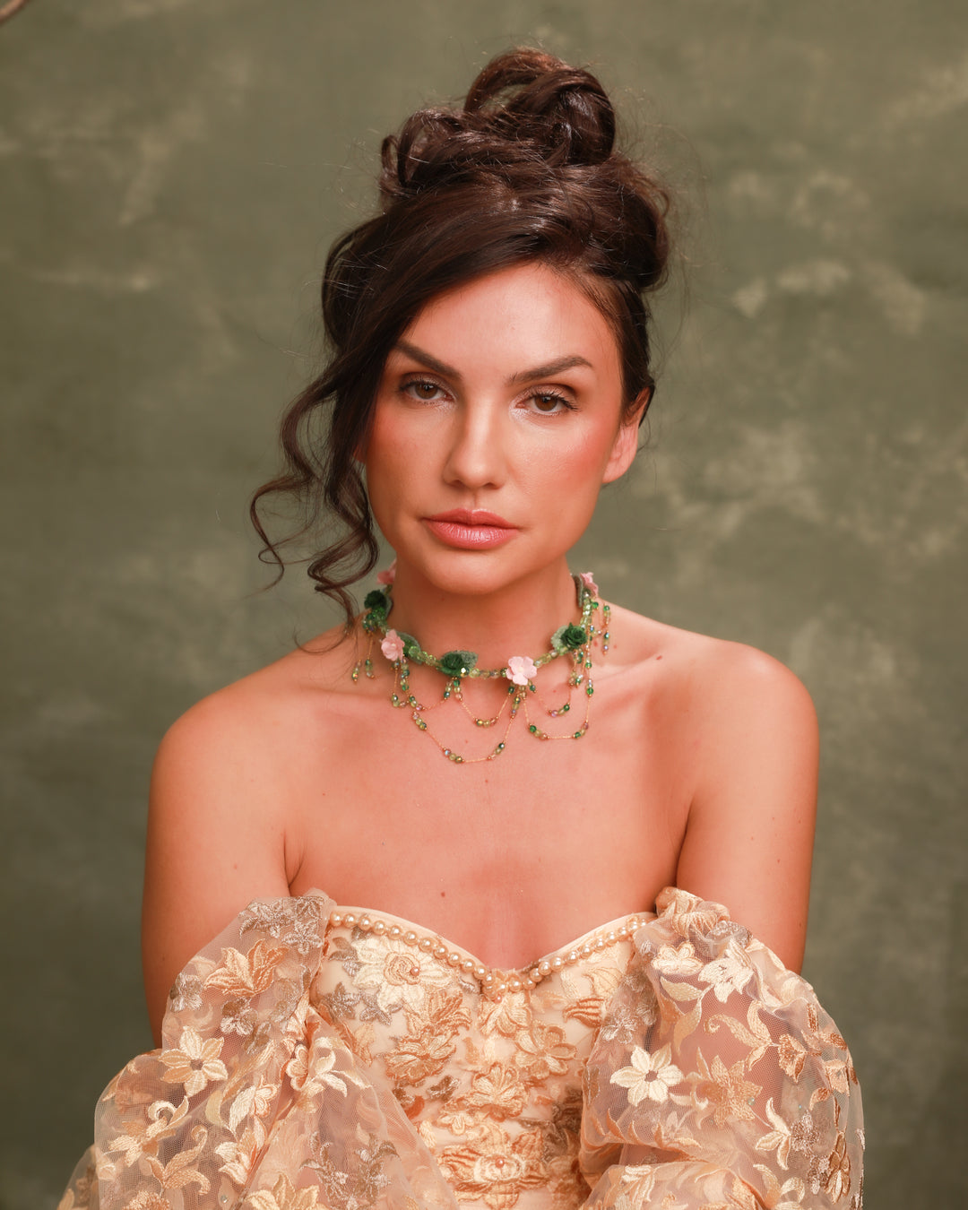 Vintage Floral Necklace in Green & Pink – Bridgerton Inspired Bridal Jewelry – handmade floral hair accessory by magaela
