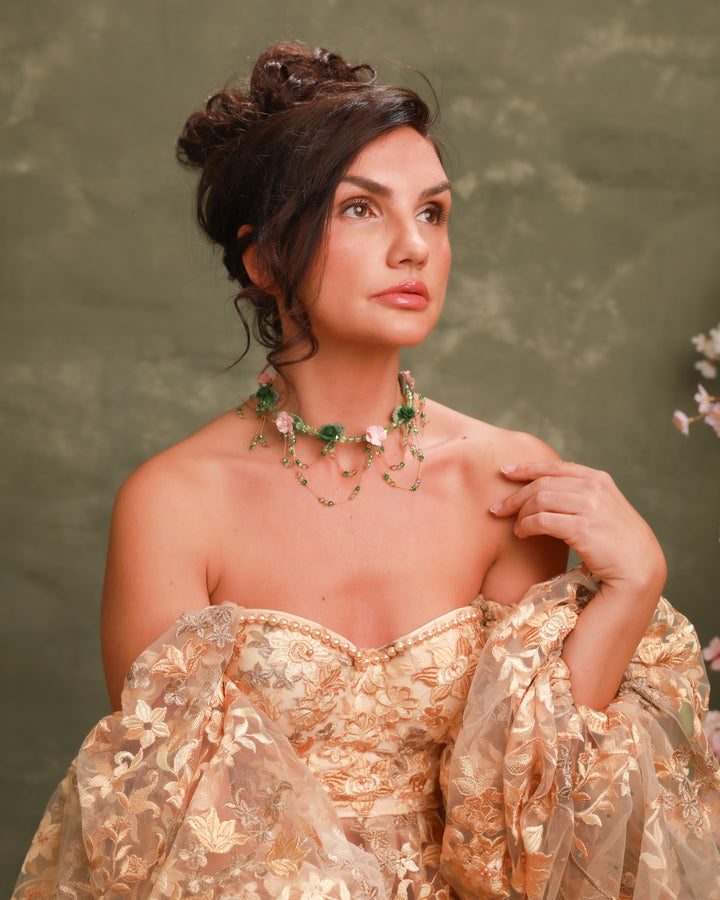 Vintage Floral Necklace in Green & Pink – Bridgerton Inspired Bridal Jewelry – handmade floral hair accessory by magaela