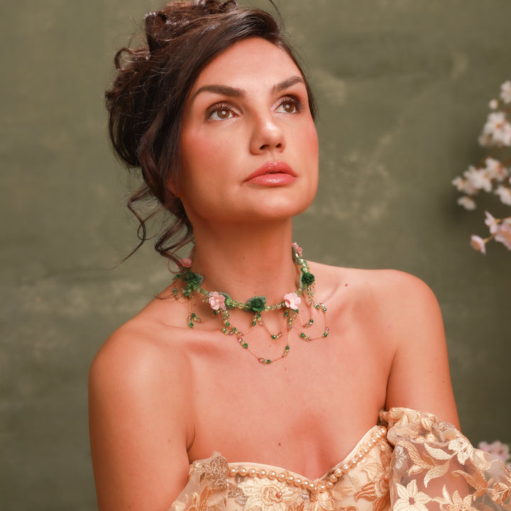 Vintage Floral Necklace in Green & Pink – Bridgerton Inspired Bridal Jewelry – handmade floral hair accessory by magaela