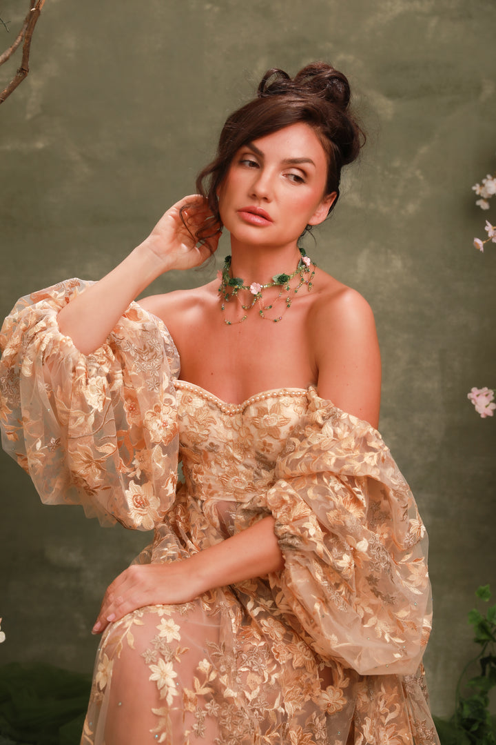 Vintage Floral Necklace in Green & Pink – Bridgerton Inspired Bridal Jewelry – handmade floral hair accessory by magaela