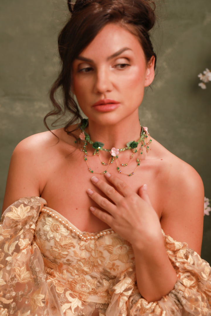 Vintage Floral Necklace in Green & Pink – Bridgerton Inspired Bridal Jewelry – handmade floral hair accessory by magaela