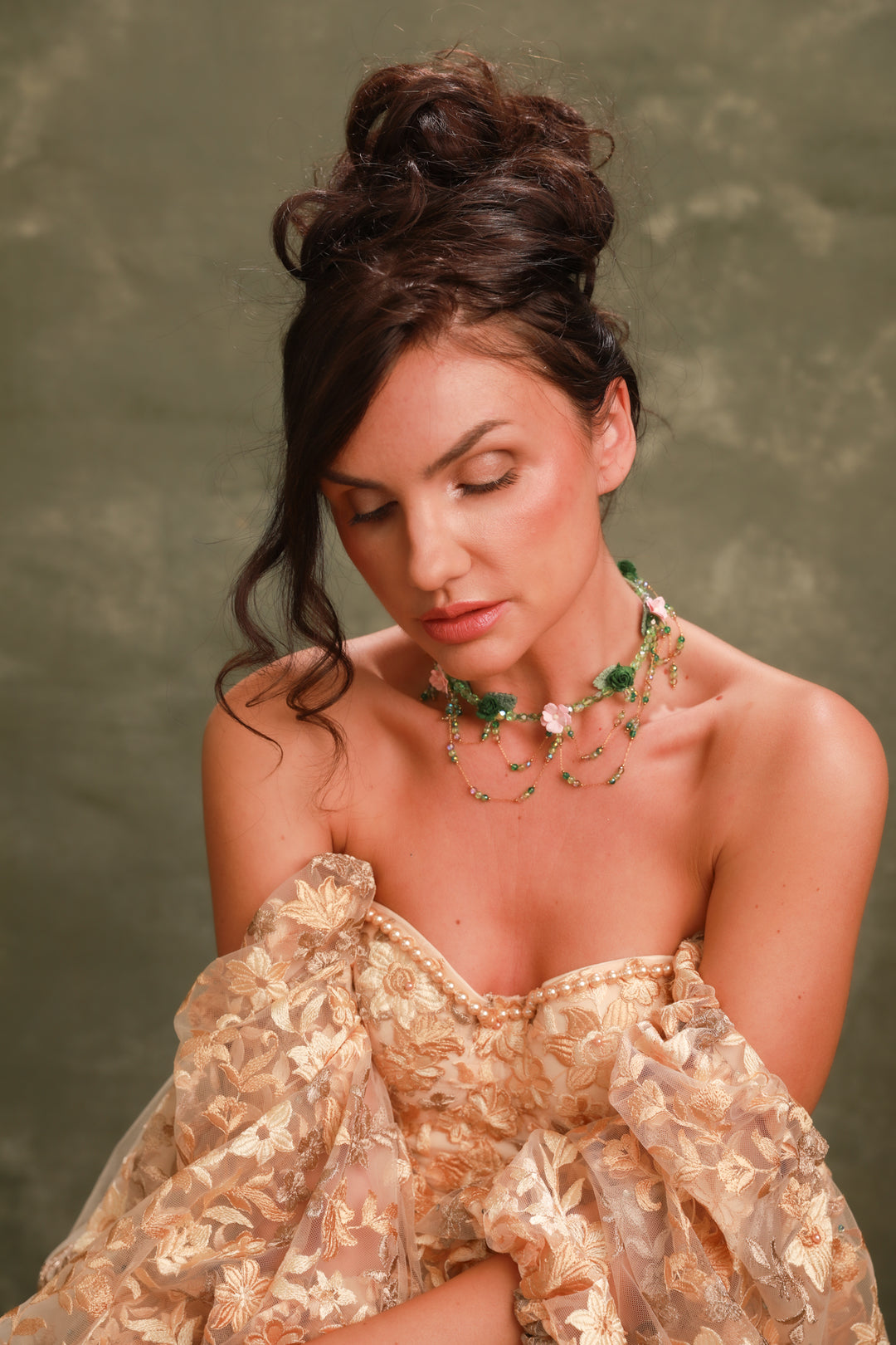 Vintage Floral Necklace in Green & Pink – Bridgerton Inspired Bridal Jewelry – handmade floral hair accessory by magaela