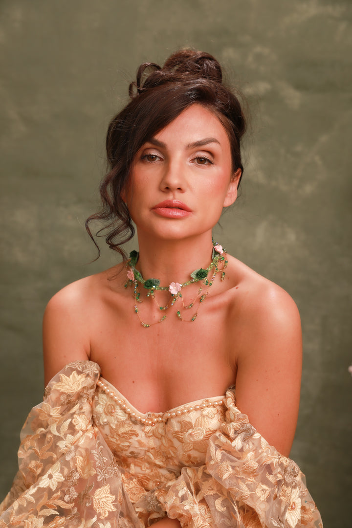 Vintage Floral Necklace in Green & Pink – Bridgerton Inspired Bridal Jewelry – handmade floral hair accessory by magaela