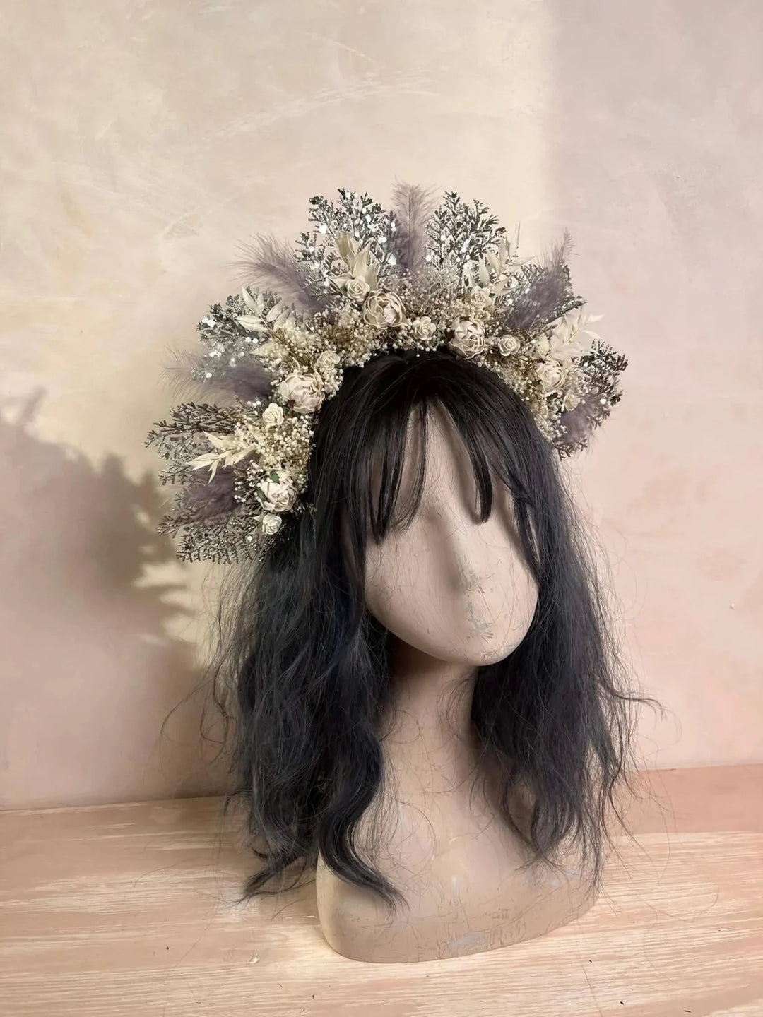 Fall Wedding Boho Flower Crown with Cream Flowers and Grey Feathers – Boho Bridal Headpiece – handmade floral hair accessory by magaela