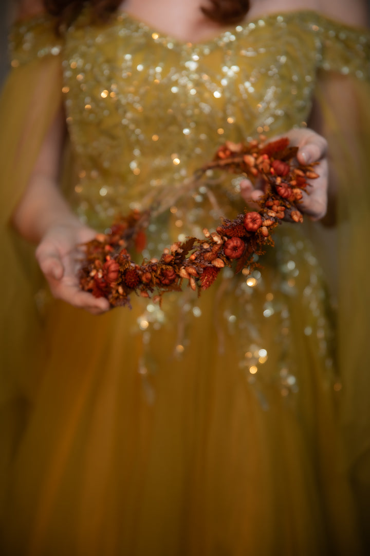 Fall Wedding Dried Flower Crown - Terracotta and Pumpkin Wreath