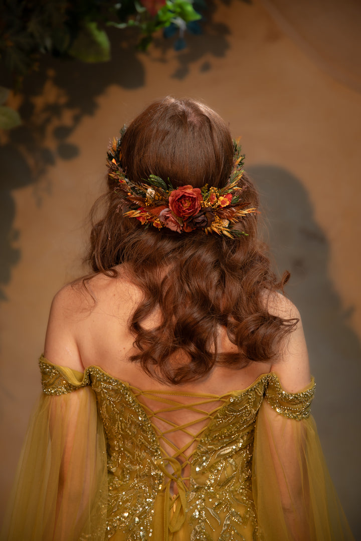 Fall Wedding Floral Hair Set - Wreath and Comb with Dried Materials