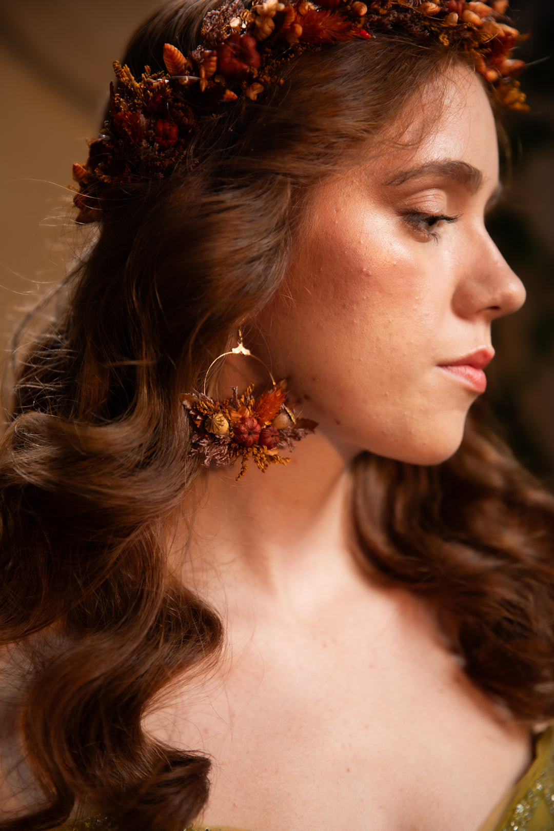 Fall Wedding Dried Flower Hoop Earrings - Terracotta Pumpkin Autumn Bridal Jewelry