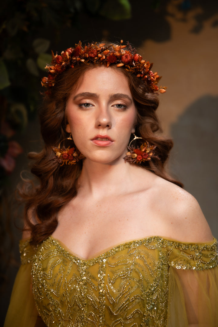 Fall Wedding Dried Flower Crown - Terracotta and Pumpkin Wreath