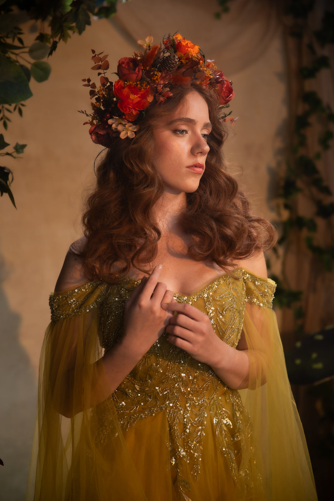 Fall Wedding Boho Flower Crown with Peonies, Pine Cones, Eucalyptus and Berries