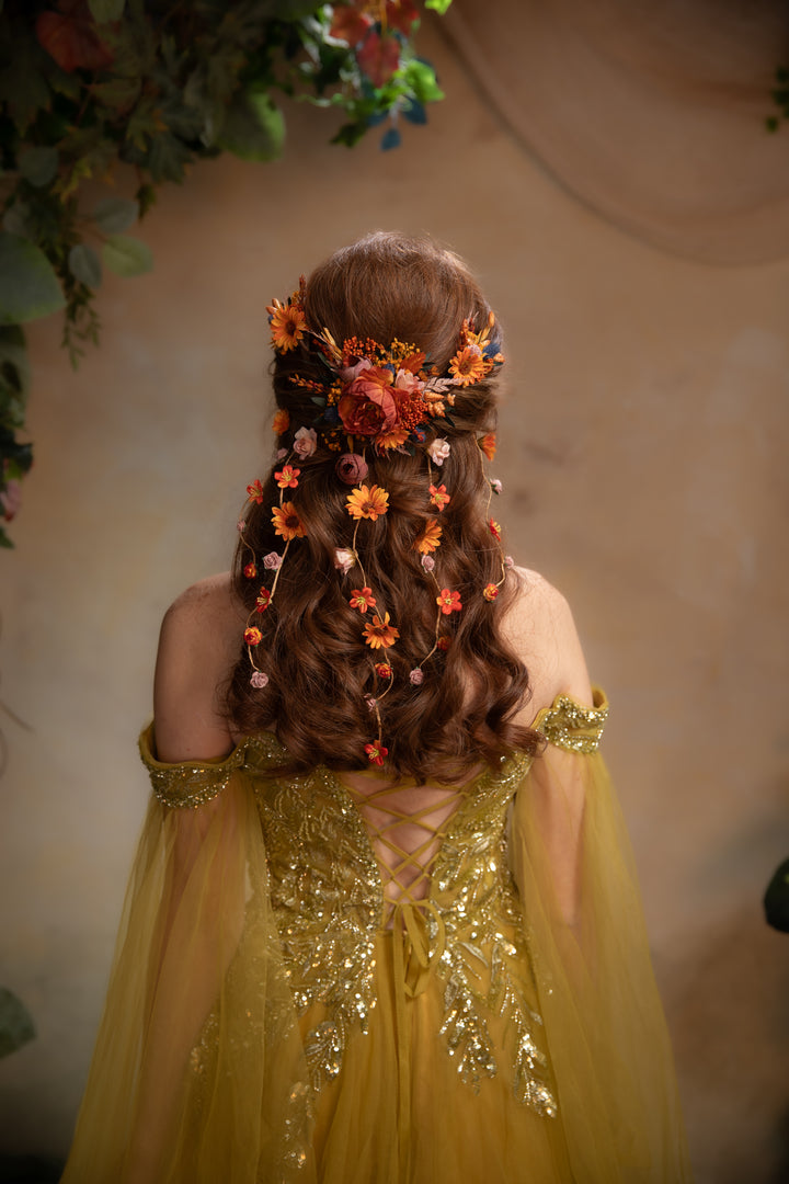 Fall Wedding Sunflower Hair Vine with Fabric and Preserved Flowers