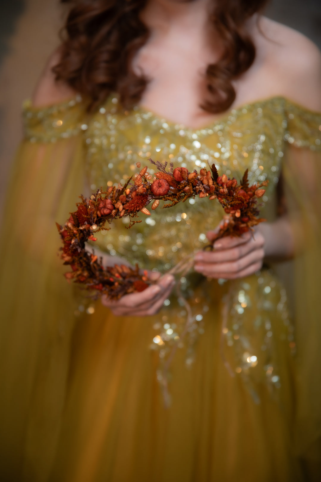 Fall Wedding Dried Flower Crown - Terracotta and Pumpkin Wreath