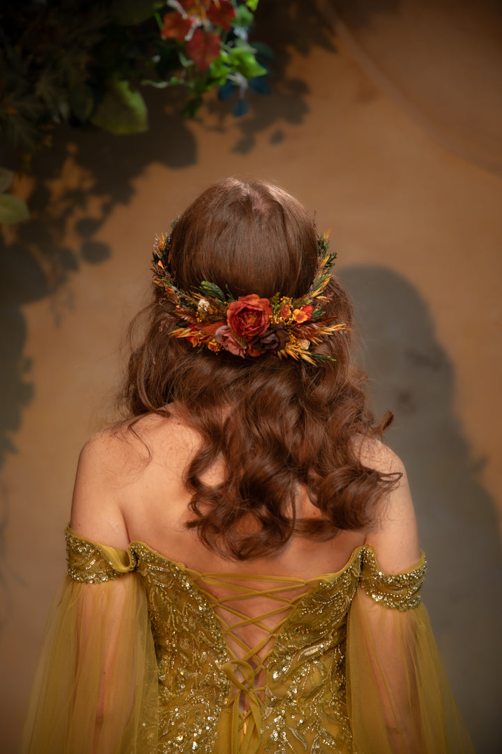 Fall Wedding Floral Hair Set - Wreath and Comb with Dried Materials