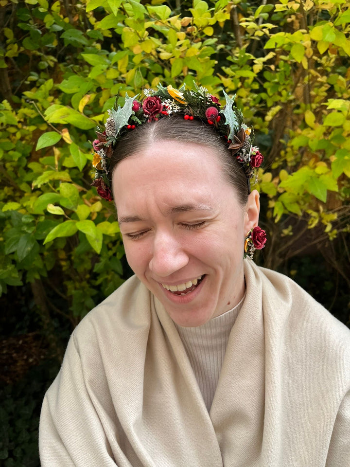 Winter Orange Christmas Accessories – Earrings, Headbands, Brooch & Glass Decorations – handmade floral hair accessory by magaela