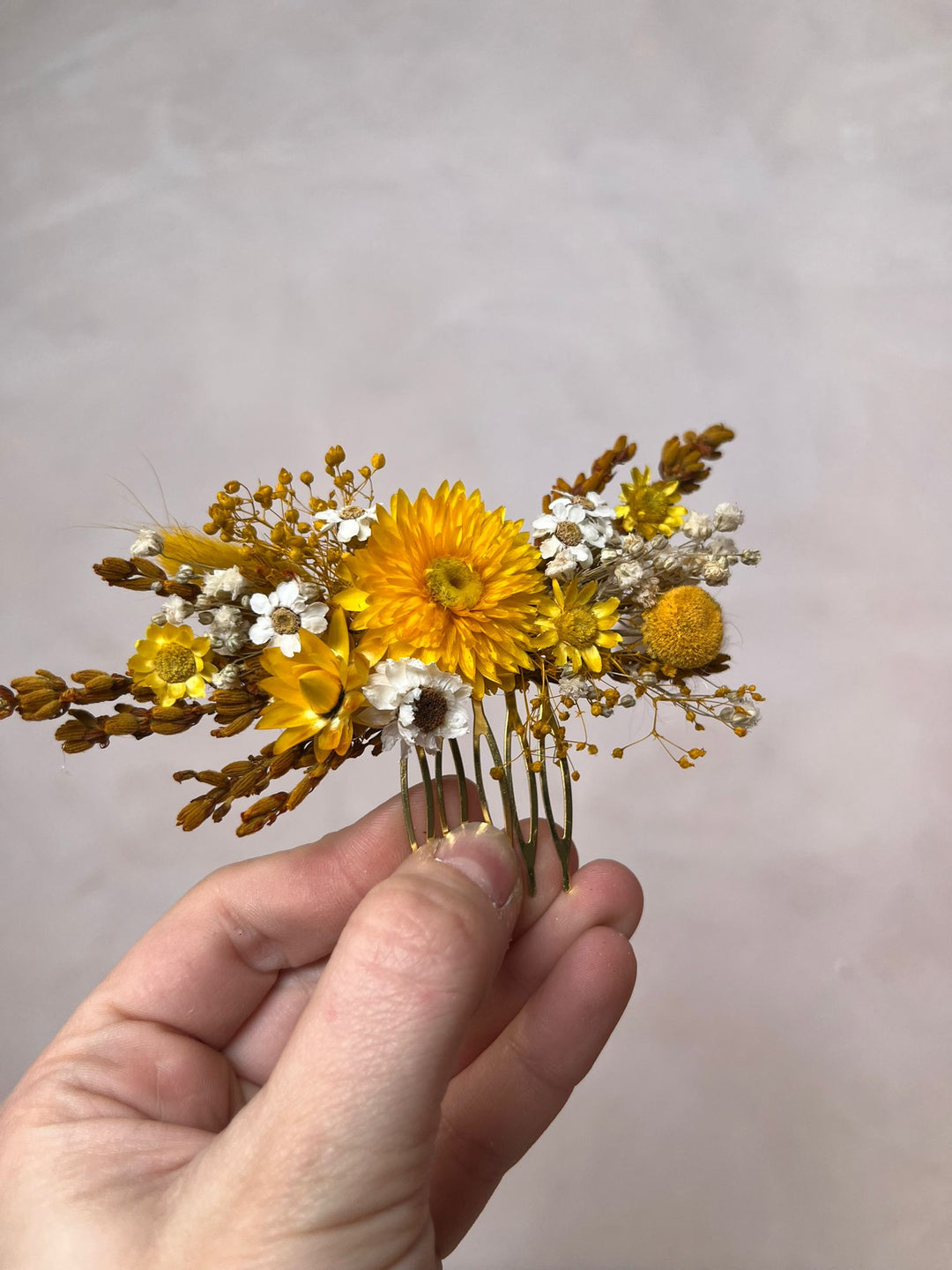 Dried Flower Bridal Hair Comb with Yellow Dried Flowers,Bunny Tails, Billy Buttons and Gypsophila in Yellow and White