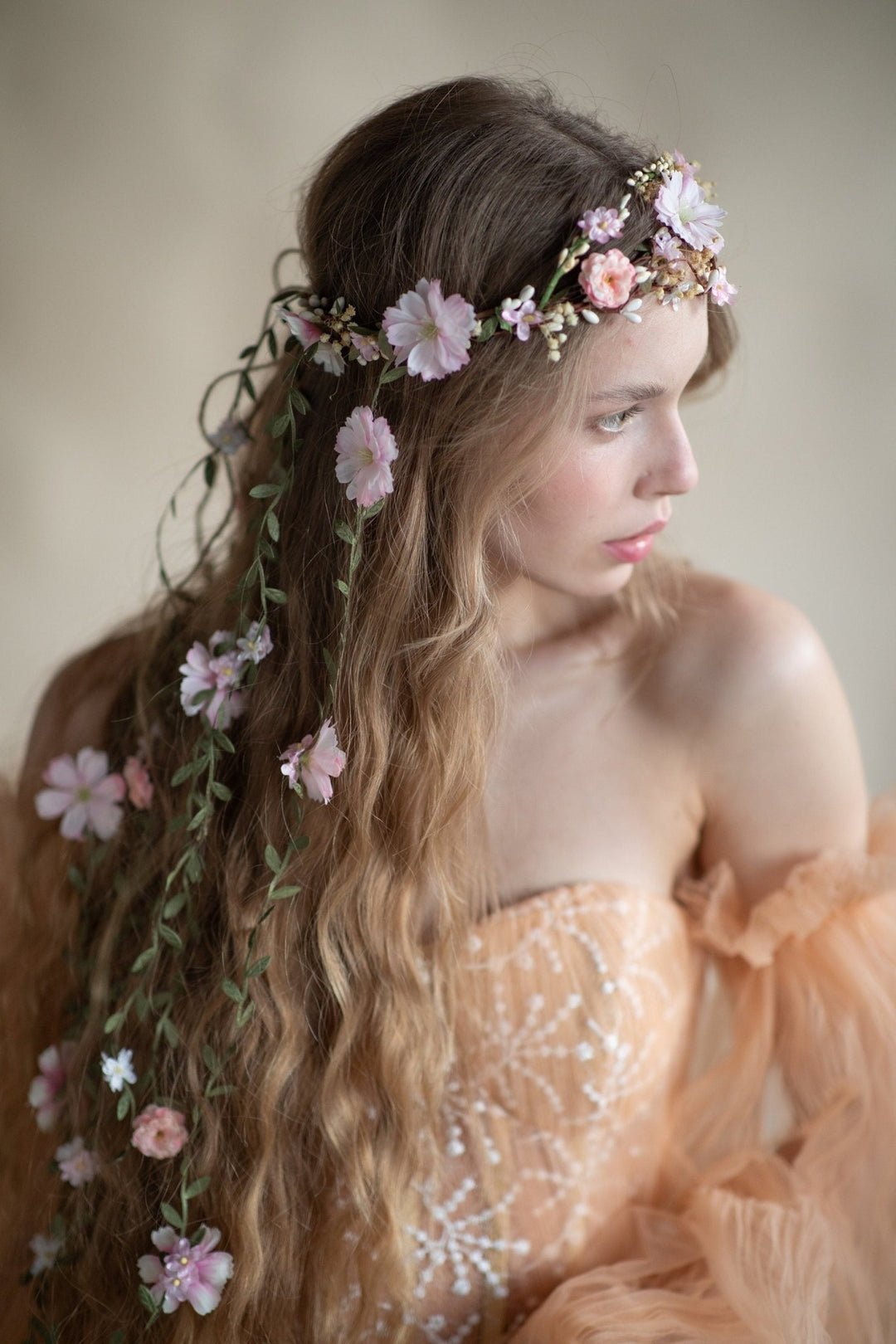 Blush Pink Flower Wedding Wreath with Long Hanging Vines – handmade floral hair accessory by magaela