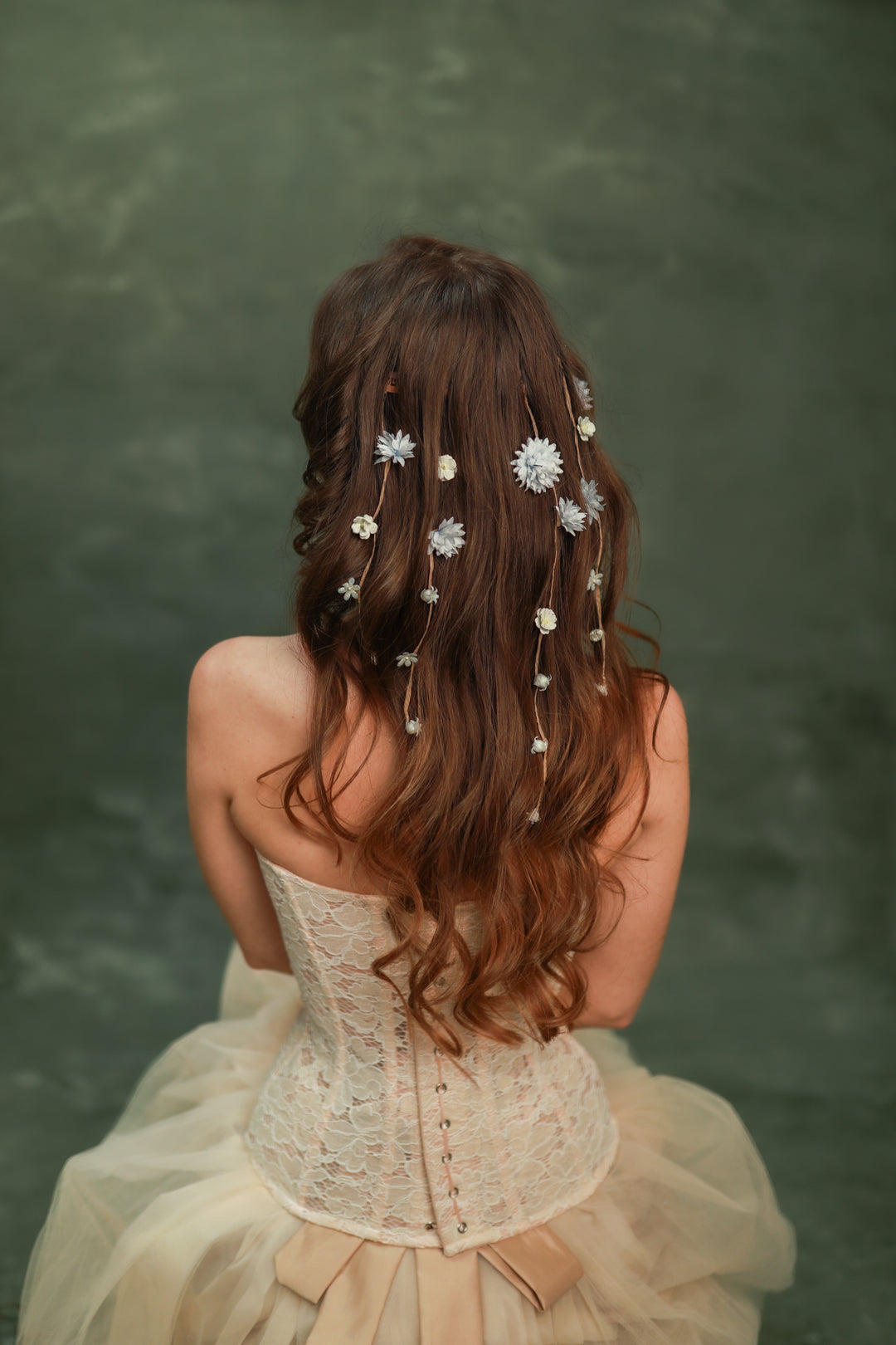 Cream, Dusty Blue, Lilac Flower Waterfall Hair Vine – Romantic Bridal Hair Accessory with Floral Veil – handmade floral hair accessory by magaela