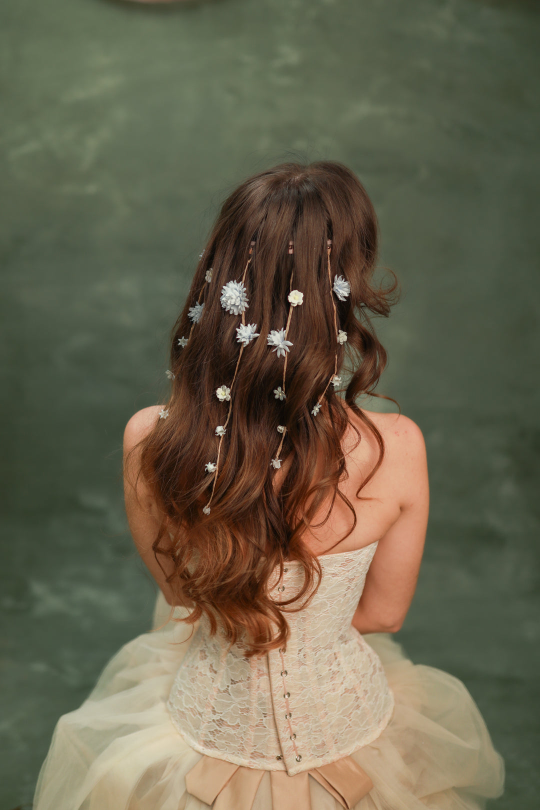 Cream, Dusty Blue, Lilac Flower Waterfall Hair Vine – Romantic Bridal Hair Accessory with Floral Veil – handmade floral hair accessory by magaela